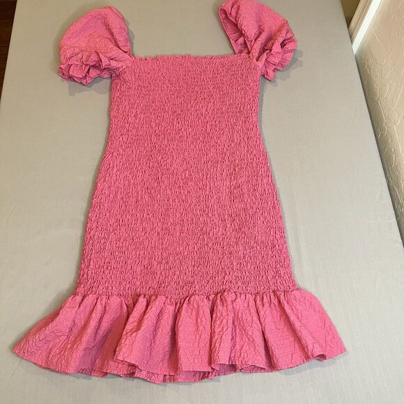 Zara Pink Size Medium Textured Weave Ruffled Ruched Bodycon Mini Lined Dress - Picture 4 of 7